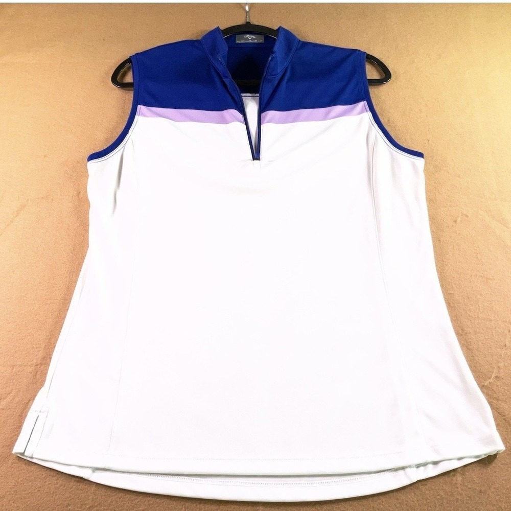 Callaway Opti-Dri Womens XL Sleeveless Golf Polo Blue White Colorblock Mock Neck